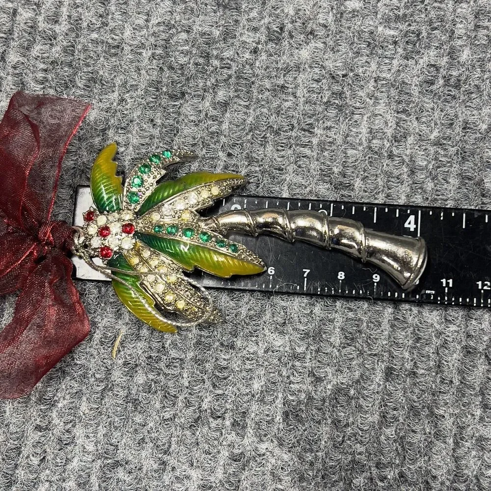 VTG Christmas Tree Ornament Cloisonne Silver Palm Tree Coconut Accents 4